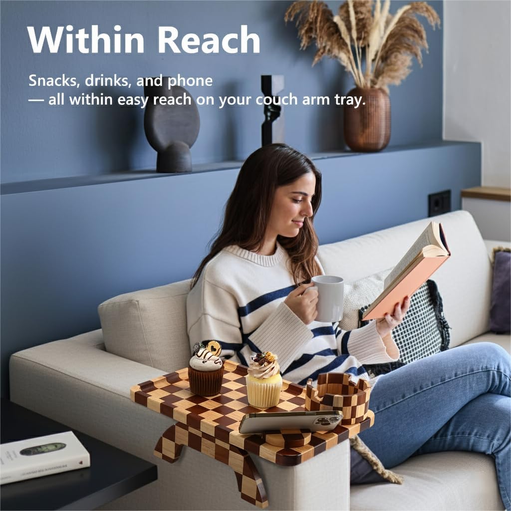 Checkered Rubber Wood Couch Arm Tray, Sofa Armrest Tray with Rotating Cup Holder & Phone Stand, Large Clip-on Sofa Side Table Furniture for Drinks & Remote, 15.36"x9.85", Gift Box
