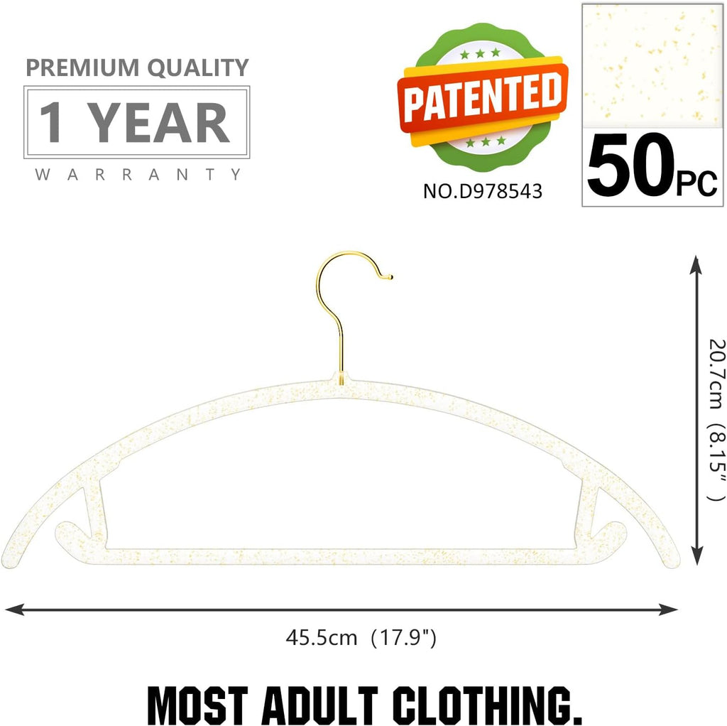 MIZGI Premium Clear Hangers with Gold Glitter (50-Pack) - Heavy-Duty Acrylic Suit Hangers with Gold Hooks - No Shoulder Bump Space Saving Clothes Hangers for Jackets, Coats, Dresses