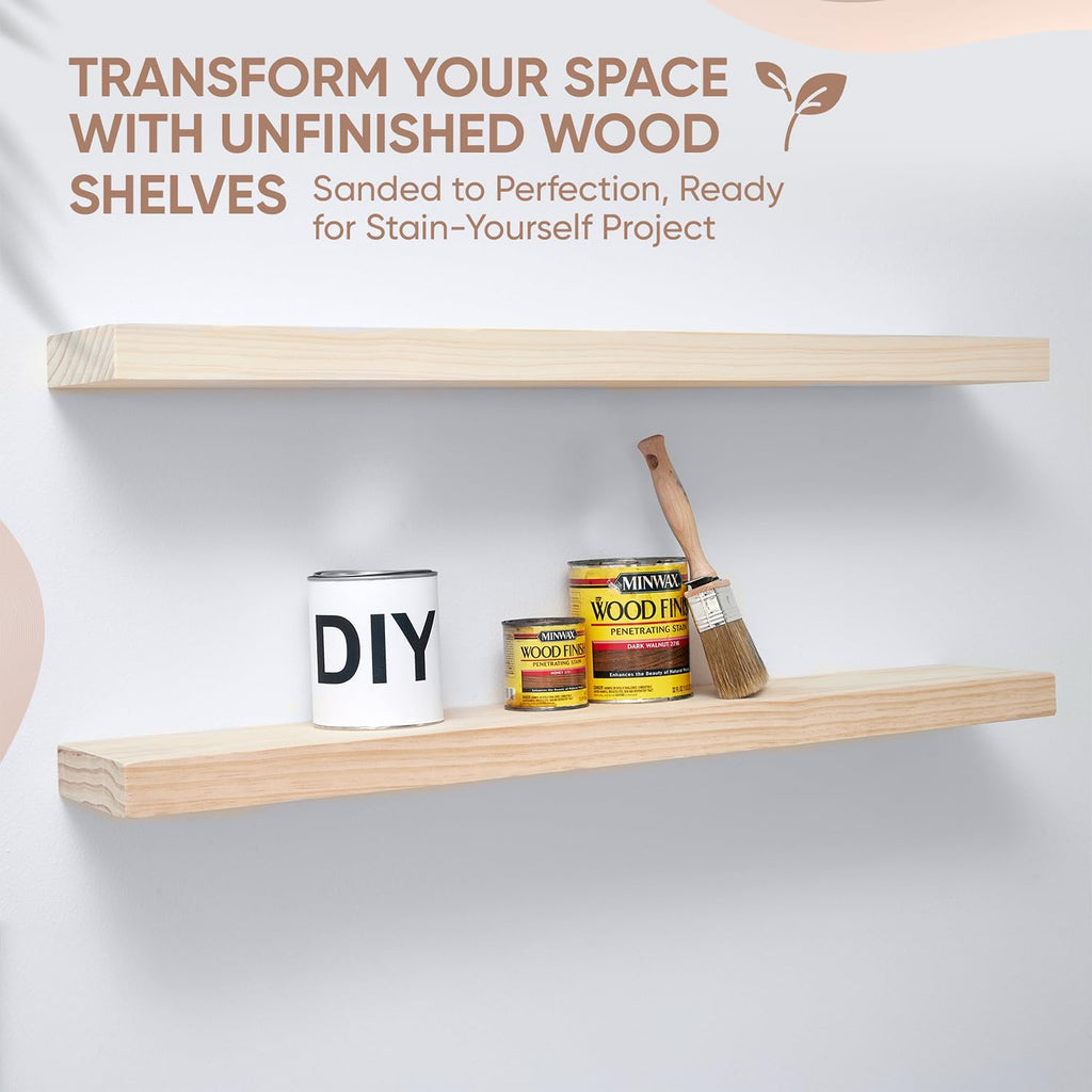 Homeforia 36 inch Wood Floating Shelves, High End Solid Natural Wood 36inch Large Floating Shelf Bathroom, Unfinished Wooden Floating Shelves for Wall, Heavy Duty Bracket, 36 X 6.5 X 1.75 in, Set of 4