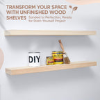 Homeforia 36 inch Wood Floating Shelves, High End Solid Natural Wood 36inch Large Floating Shelf Bathroom, Unfinished Wooden Floating Shelves for Wall, Heavy Duty Bracket, 36 X 6.5 X 1.75 in, Set of 4
