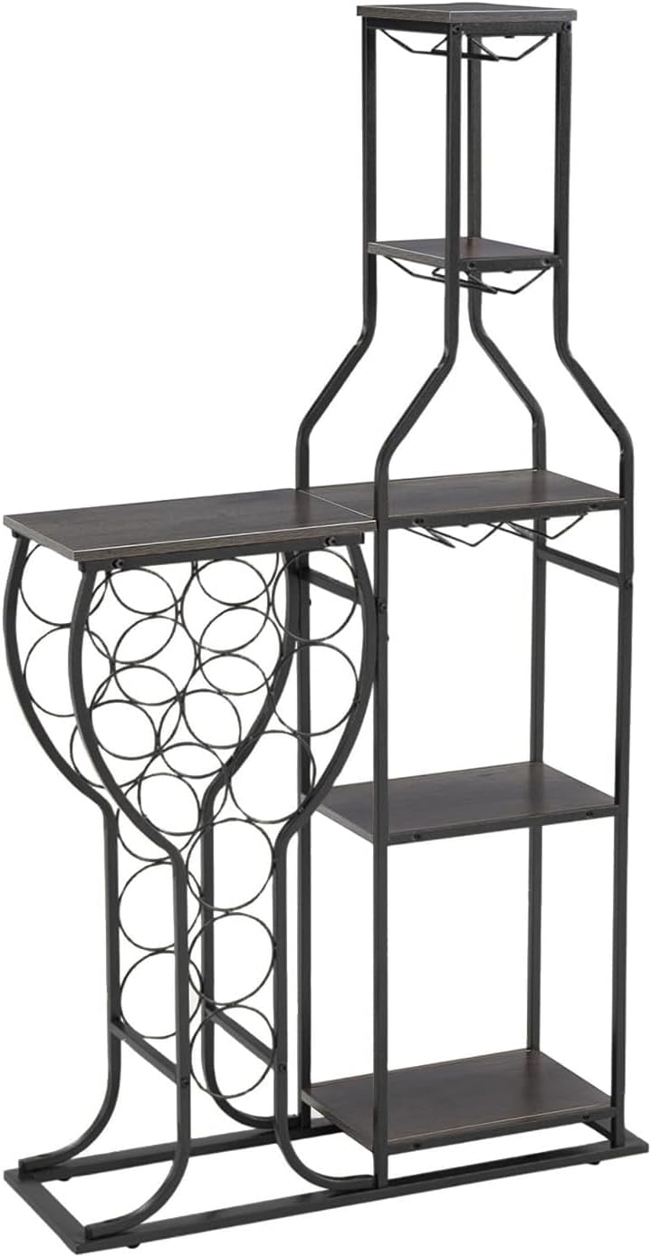 5-Tier Wine Rack Freestanding Floor, 11 Bottles Modern Wooden Wine Holder-Sto...