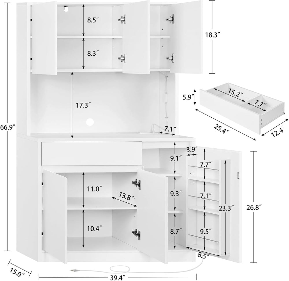 TEENFON Pantry Cabinet with Charging Station and LED Light, Kitchen Pantry Ca...