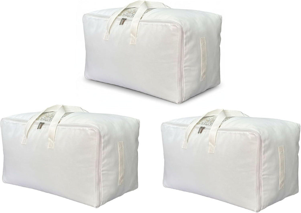 Soft Canvas Clothes Storage Bags with Four Carrying Handles and Clear Window, Closet Organizer for Clothing, Blankets Sheets Pillows and Bedding, 55L, 3 Pack, White