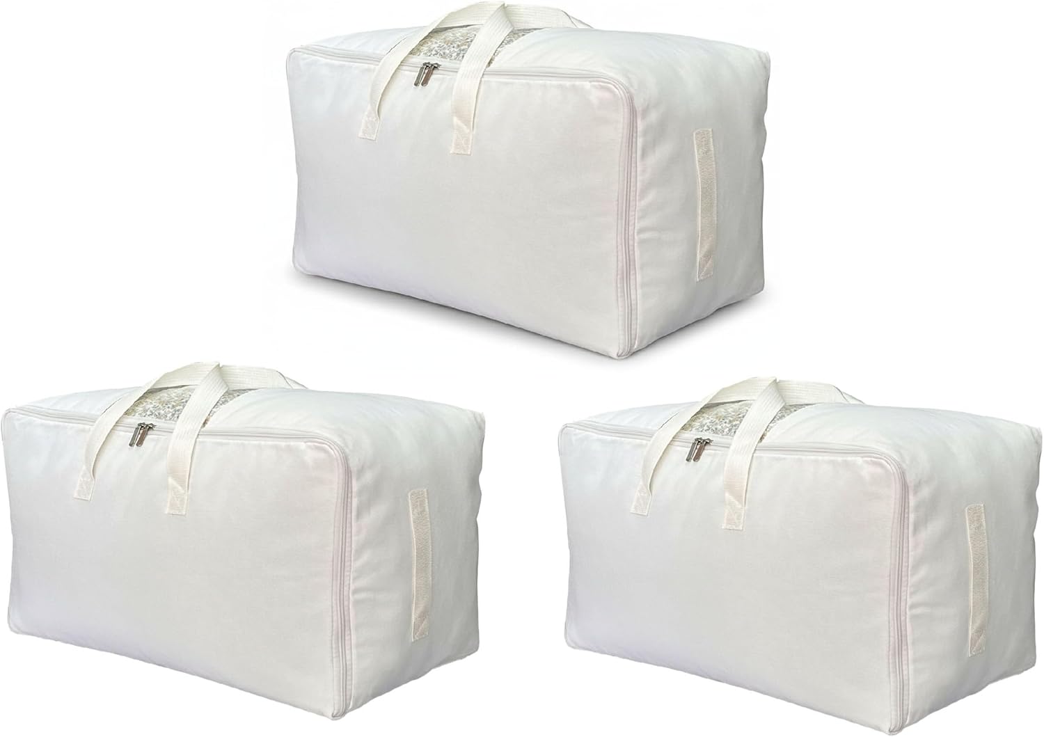 Soft Canvas Clothes Storage Bags with Four Carrying Handles and Clear Window, Closet Organizer for Clothing, Blankets Sheets Pillows and Bedding, 55L, 3 Pack, White