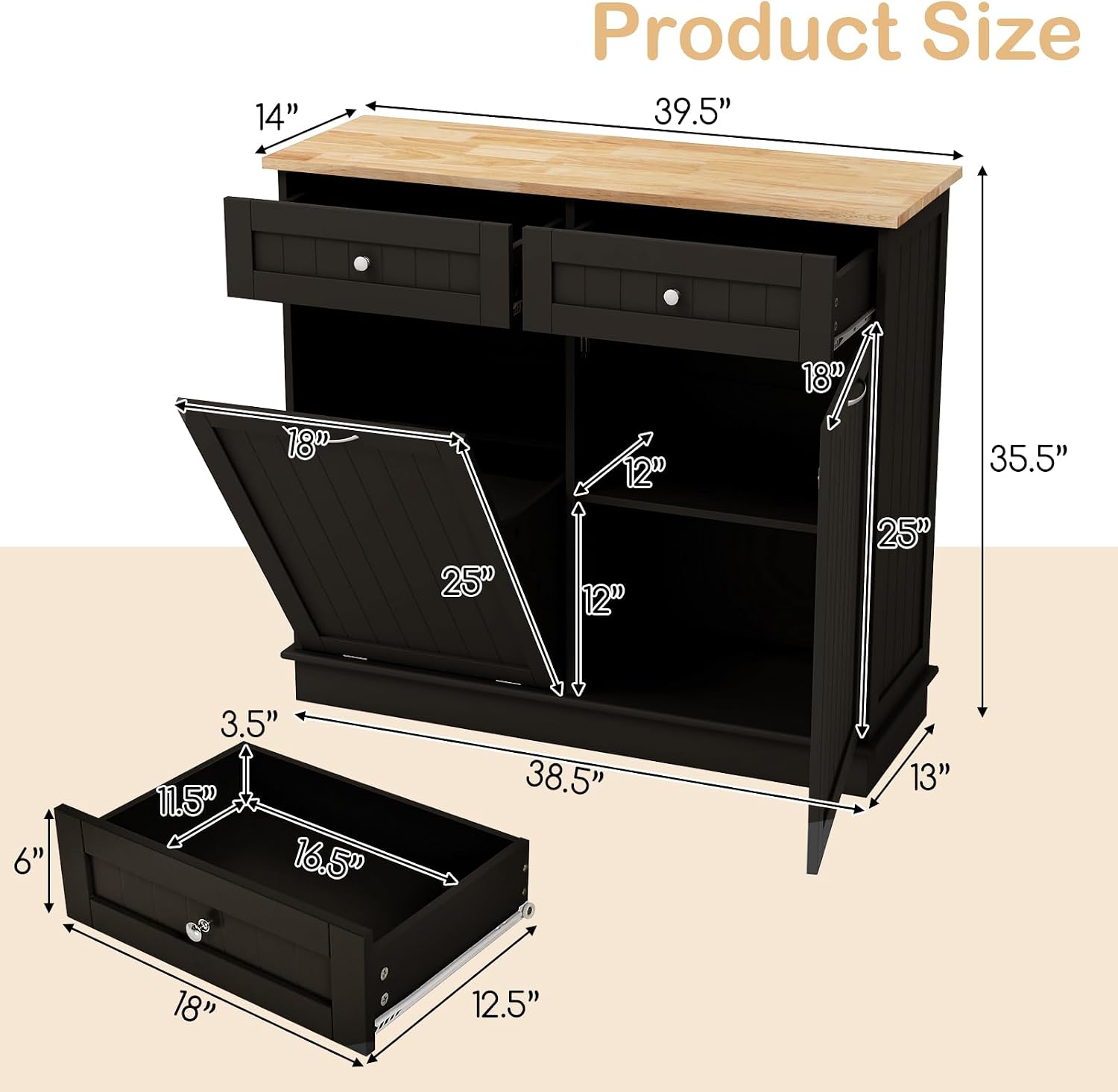 Tilt Out Trash Can Cabinet, Kitchen Island with Storage (Brown) | Large Cabinet & 2 Drawers, Adjustable Shelf, Hidden Garbage Can for Laundry, Kitchen, Bathroom
