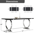 Asday 77" Modern Dining Table for 6-8, Black Wooden Dining Table with Silver Polished Stainless Steel U-Shaped Base, Rectangular Kitchen Table for Dining Room, Kitchen & Living Room