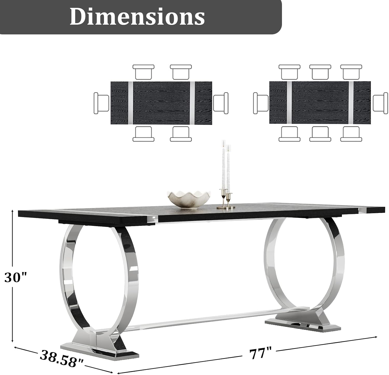 Asday 77" Modern Dining Table for 6-8, Black Wooden Dining Table with Silver Polished Stainless Steel U-Shaped Base, Rectangular Kitchen Table for Dining Room, Kitchen & Living Room