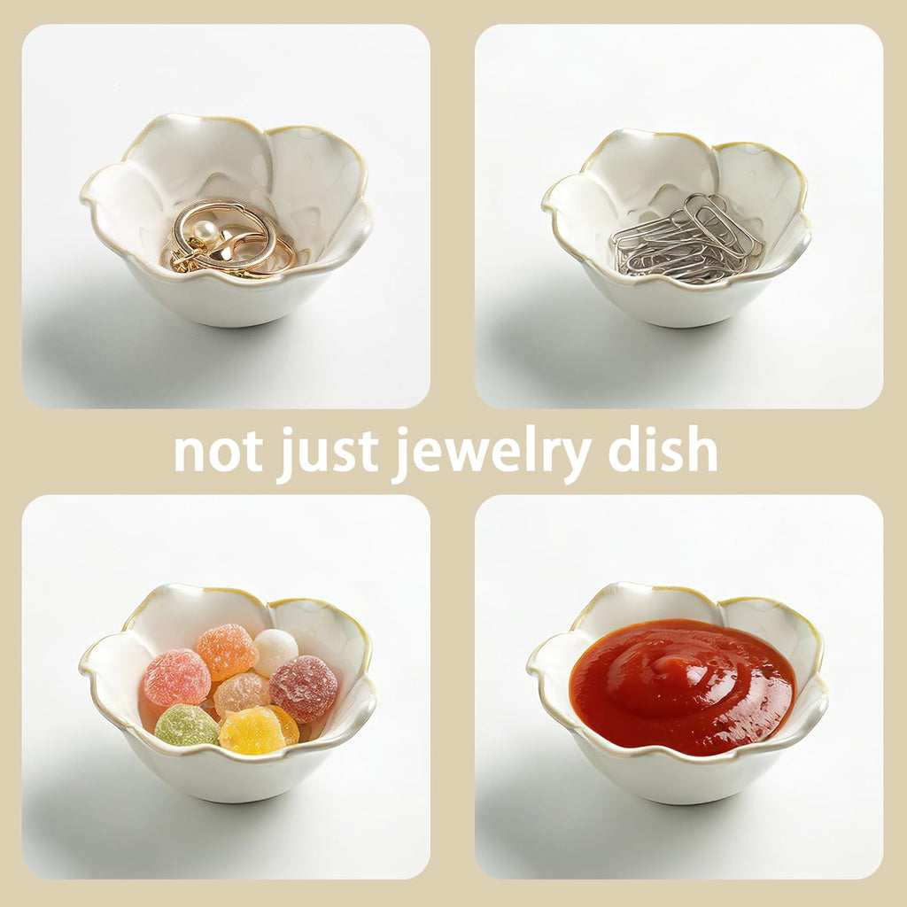Mecaikru Ceramic Flower Jewelry Dish, 3.5 in Ring Tray with Gift Box & Card | Open flower shape keeps rings, earrings and necklaces visible while making items easy to pick up.