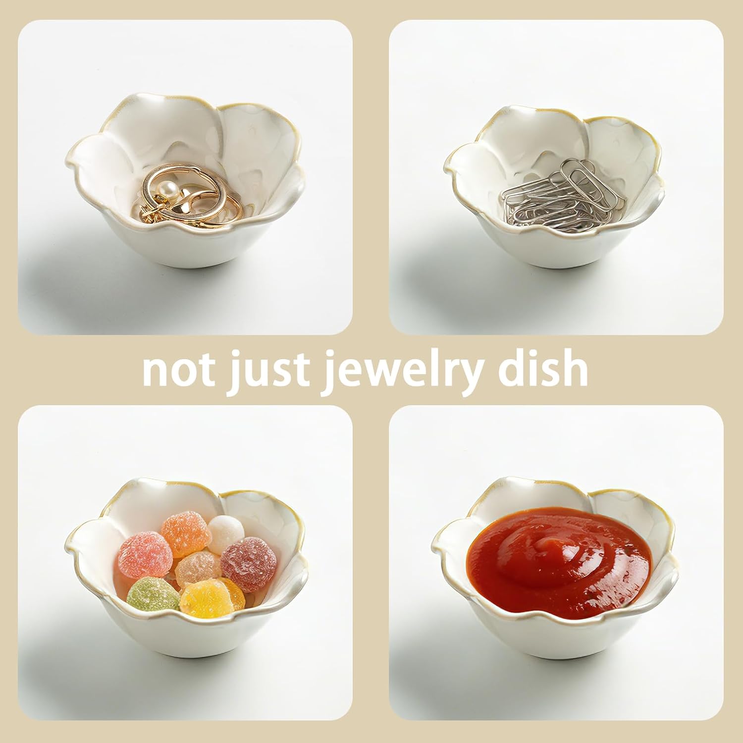 Mecaikru Ceramic Flower Jewelry Dish, 3.5 in Ring Tray with Gift Box & Card | Open flower shape keeps rings, earrings and necklaces visible while making items easy to pick up.