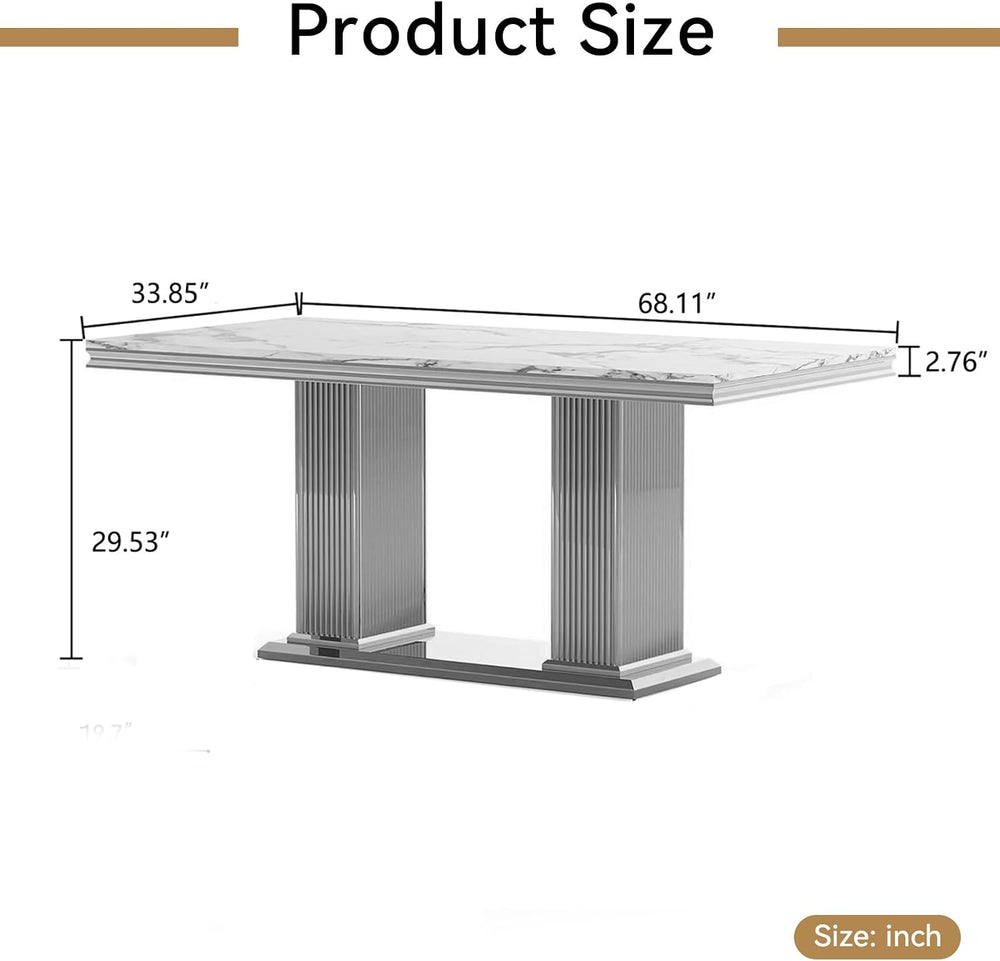 68 in Faux Marble Dining Table for 4-6, White Marble Dining Table with Silver...