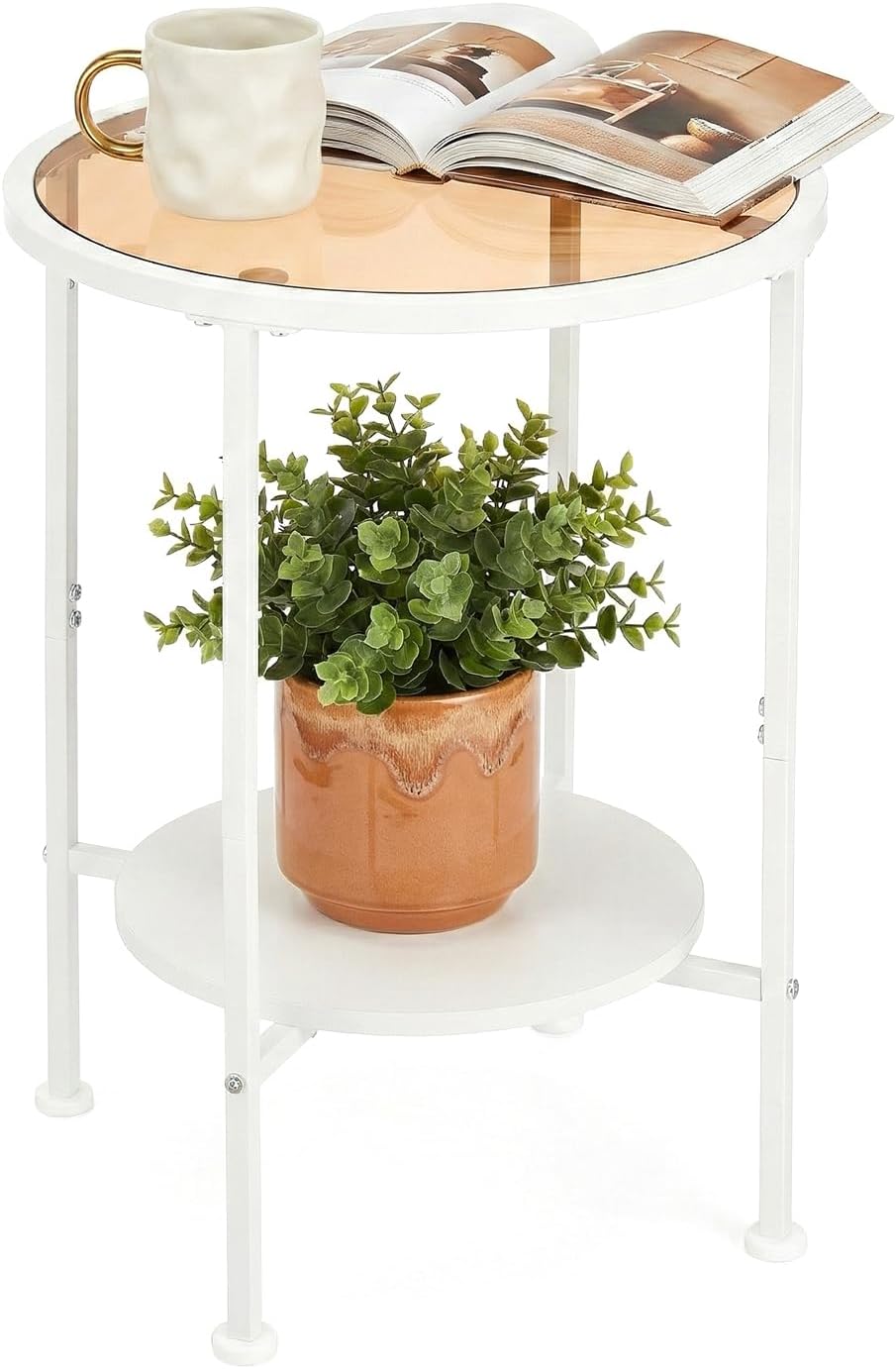 2 Tier Round Side Table with Tempered Amber Glass Top, White Metal End Table ...