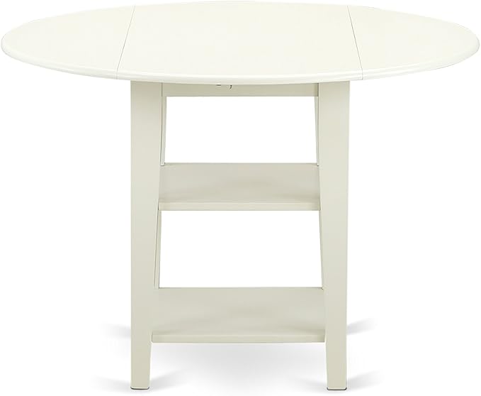 East West Furniture SUAD3-LWH-LC 3 Piece Dining Set Contains a Round Dining Room Table with Dropleaf & Shelves and 2 Faux Leather Upholstered Chairs, 42x42 Inch, Linen White