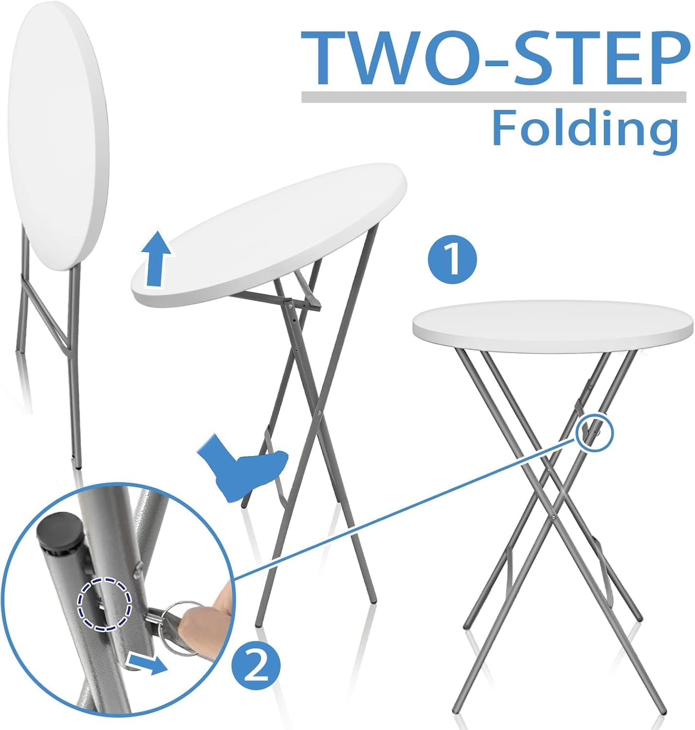 32in Cocktail Table, Plastic Folding Round High Top Indoor Outdoor Use, Foldable Bar Height Table for Parties and Commercial Events (White, 2 Pcs)