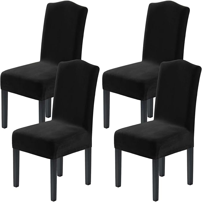 H.VERSAILTEX Velvet Dining Chair Covers Stretch Chair Covers for Dining Room Set of 4 Parson Chair Slipcovers Chair Protectors Covers Dining, Soft Thick Solid Velvet Fabric Washable, Black