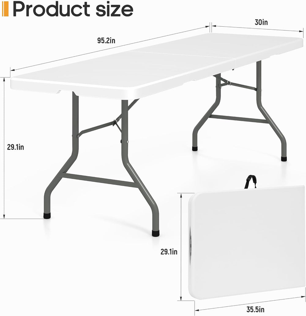 8ft Folding Table Heavy Duty Foldable Table Lightweight Plastic Table with Re...