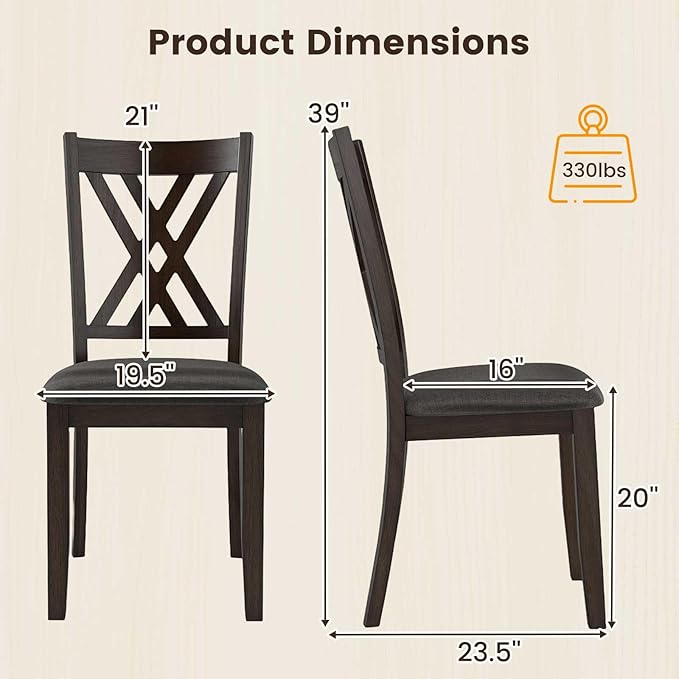 Giantex Wooden Dining Chairs Set of 2, Linen Fabric Upholstered Kitchen Chair w/Rubber Wood Frame, Wide Padded Seat, Curved Cross Back, Farmhouse Side Chairs for Living Room Restaurant, Dark Gray