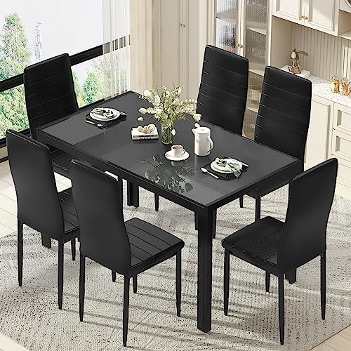 DKLGG Glass Dining Table Set for 6, Modern Kitchen Table with 6 PU Leather Ch...