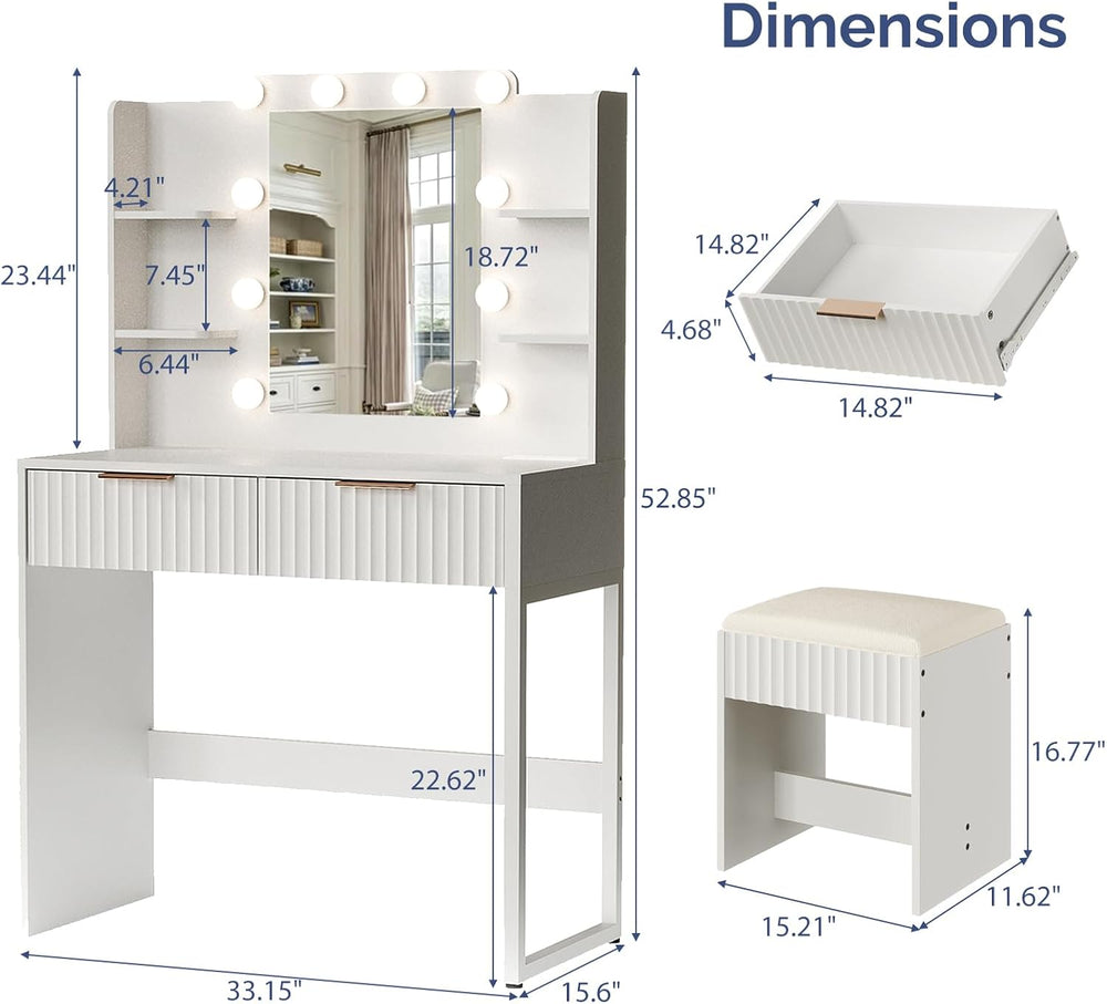 VINGLI Fluted Makeup Vanity Desk with Mirror and Lights and Stools, Small Van...