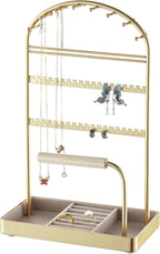 Multi-Functional Jewelry Holder Organizer Necklace Display Stand Velvet Lined Bar for Rings 2 Tier with 18 Hooks, 32 Earring Holes - Sturdy and Durable, Easy Organization Gold