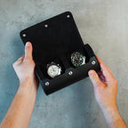 DailyWatch | Personalized Watch Roll Travel Case For 2 Watches - Handmade Genuine Leather Travel Case With Custom Engraving of Name or Initials - All Black
