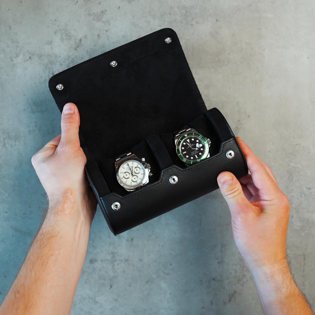DailyWatch | Personalized Watch Roll Travel Case For 2 Watches - Handmade Genuine Leather Travel Case With Custom Engraving of Name or Initials - All Black