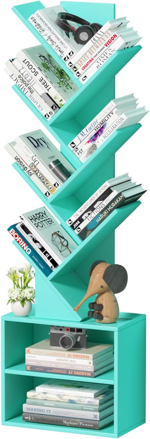 10 Tier Tree Bookshelf,Floor Standing Wood Tall Bookcase for Narrow Space, St...