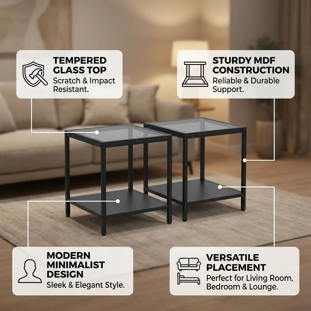 Set of 2 Rectangle End Tables, Modern Living Room Glass End Table Side Tables...
