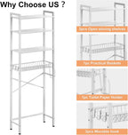 Over-The-Toilet Storage Rack, 4-Tier Bathroom Organizer Shelf Over Toilet with Adjustable Shelf and Basket, Freestanding Space Saver Bathroom Shelves Above Toilet for Room (Pure White)