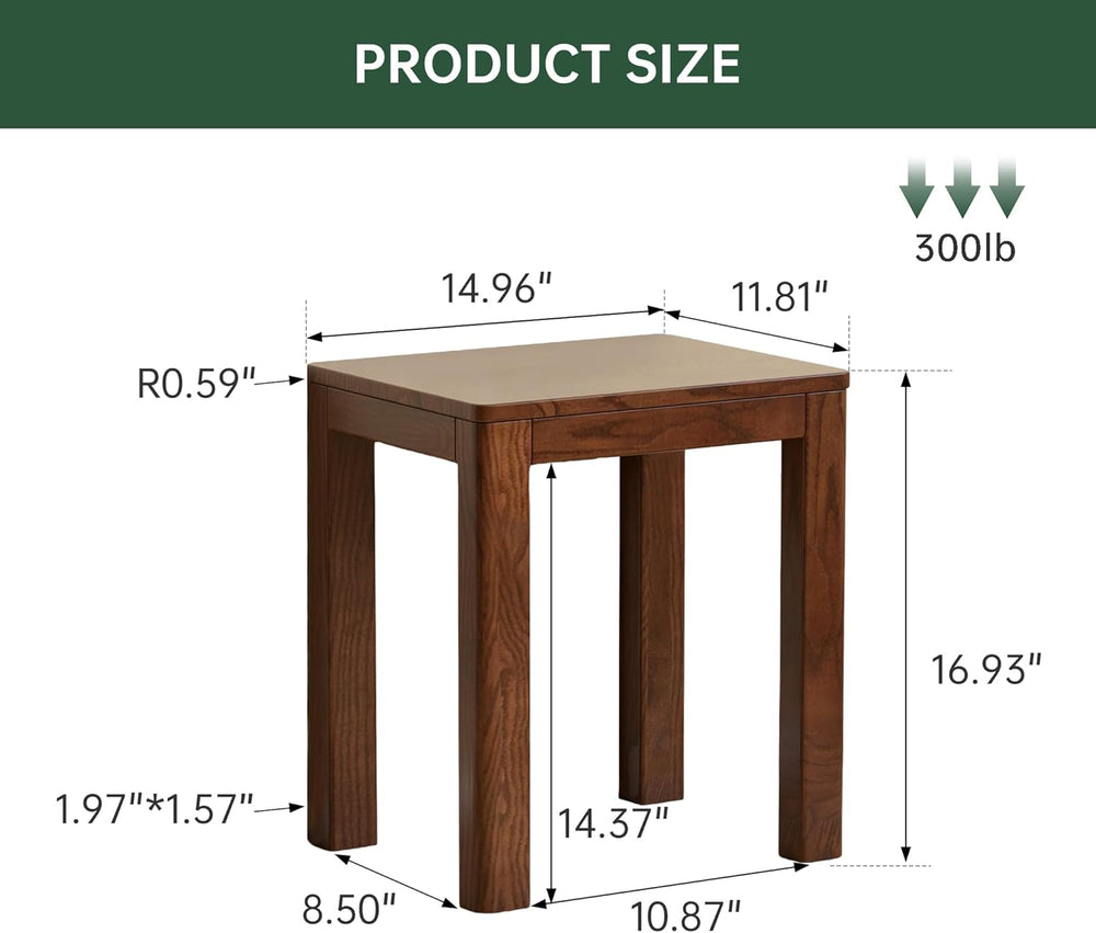100% Solid Wood End Table for Living Room, Walnut Dining Stools with Round Ed...