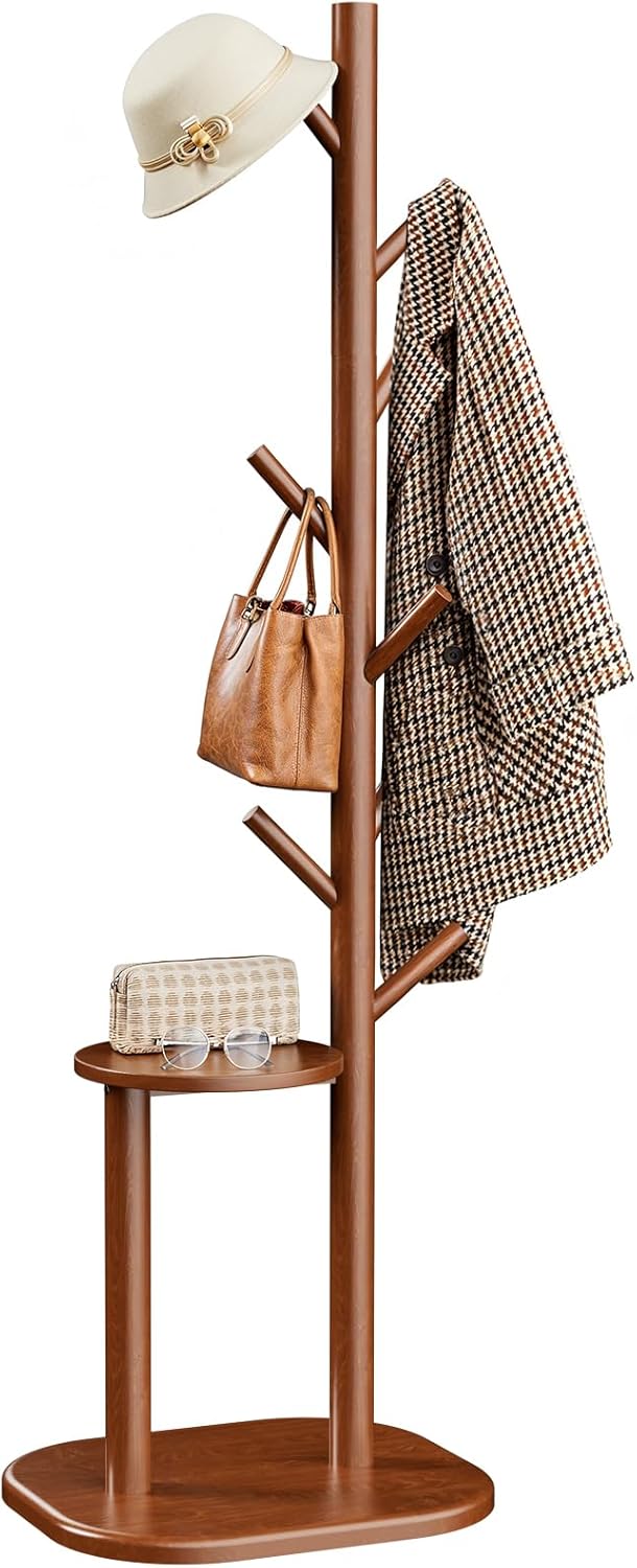 Pipishell Coat Rack, Freestanding Hall Tree with 8 Hooks & Storage Shelf, Solid Wood Base, 66.3″ Tall Coat Rack Stand for Coats, Hats, Bag in Entryway, Bedroom, Living Room, Brown