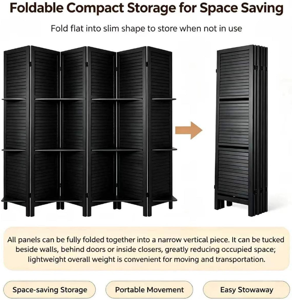 6 Panel Room Divider with Shelves,67" H Tall Folding Privacy Screen,Black