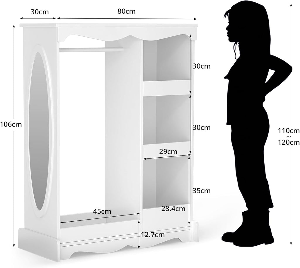 VOWNER Kids Wooden Dress Up Storage with Full-Length Mirror and Storage Shelves (White)