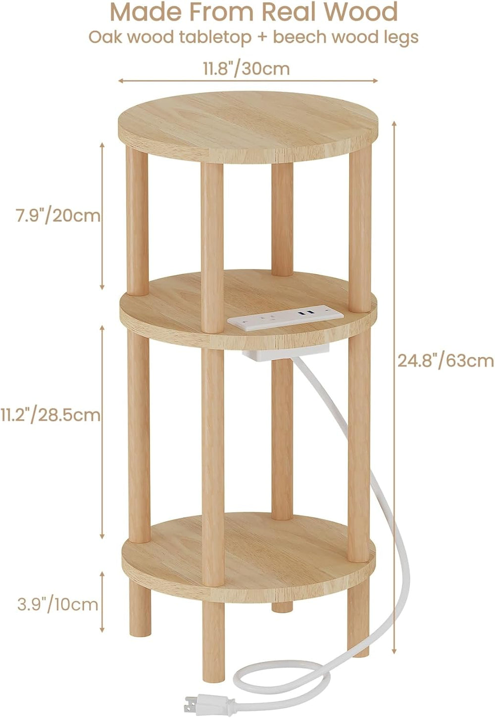 LUCKNOCK Small Round Side Table with Charging Station, 3-Tier Solid Wood End ...