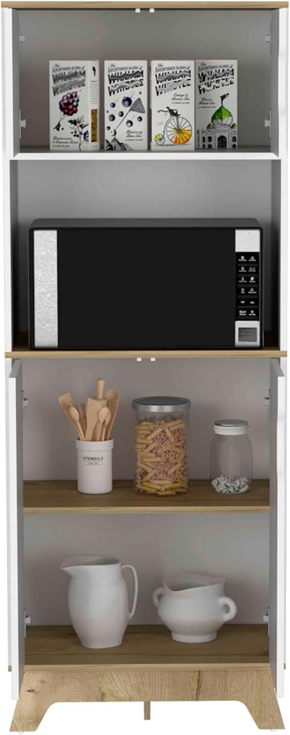 Microwave Tall Cabinet with Double Doors and Countertop - Light Oak/White | D...
