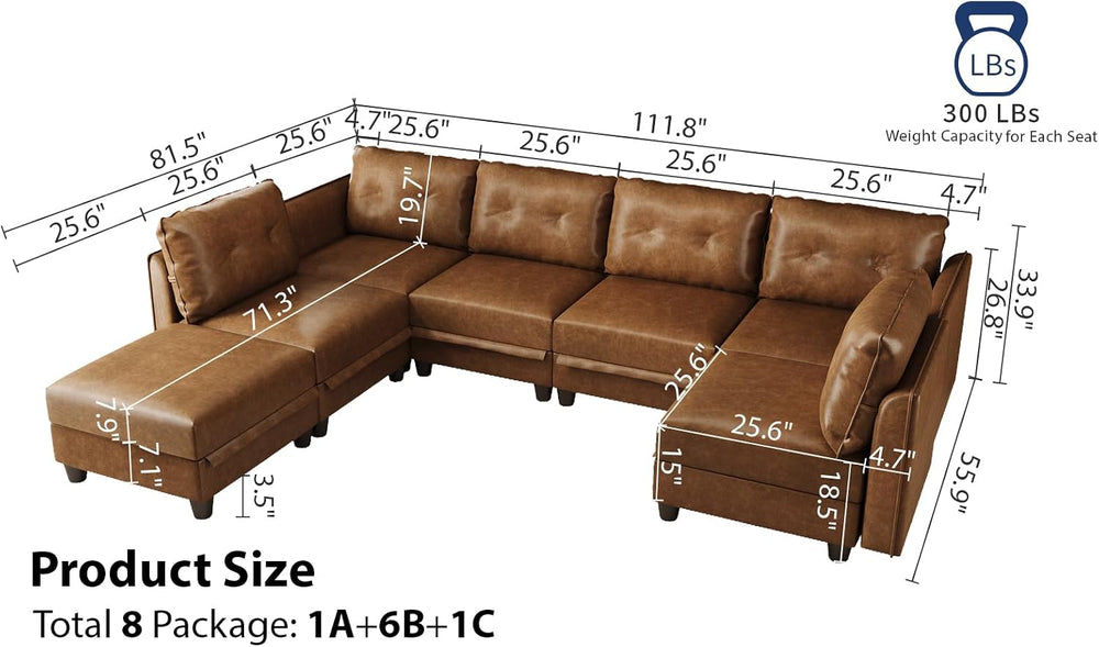 LLappuil 7-Piece U-Shaped Modular Sectional Sofa with Storage, Faux Leather C...