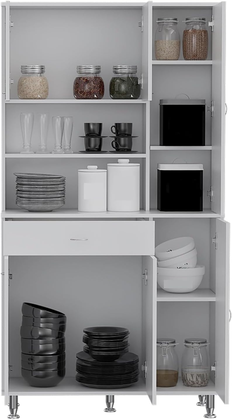 Kitchen Pantry Cabinet, Two Open Shelves, One Drawer, Multiple Cabinets, White,for Kitchen