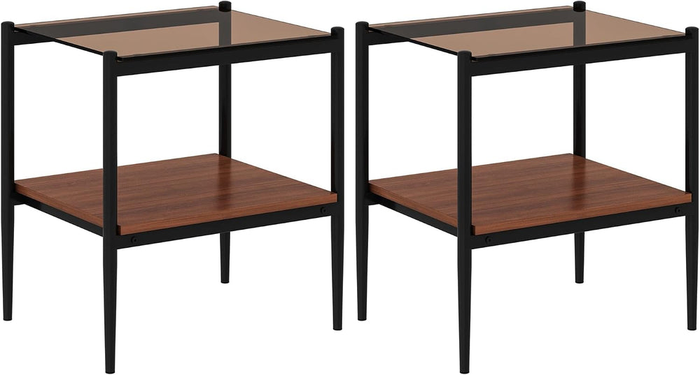 Glass End Table Set of 2, Rectangle Living Room Sofa Side Table, with BrownTe...