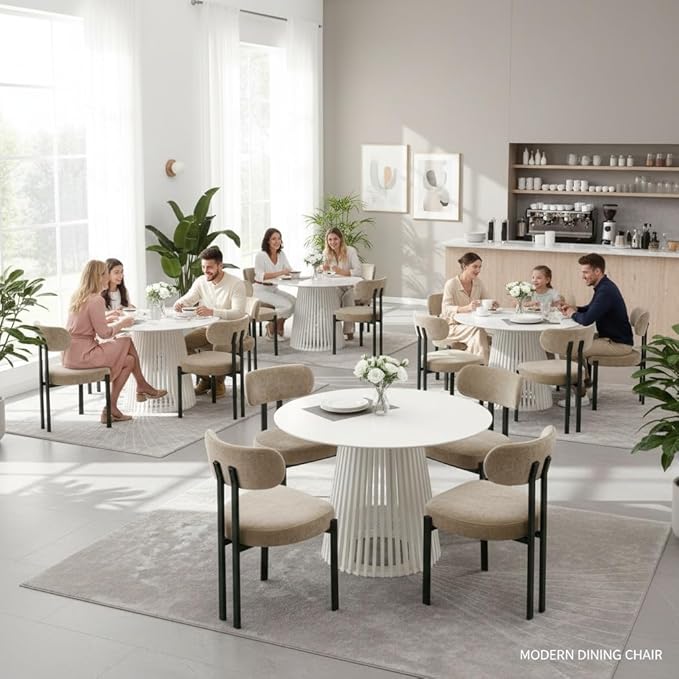 LukeAlon Chenille Dining Chairs Set of 4, Modern Curved Back Upholstered Dining Room Chairs with Black Metal Legs, Khaki