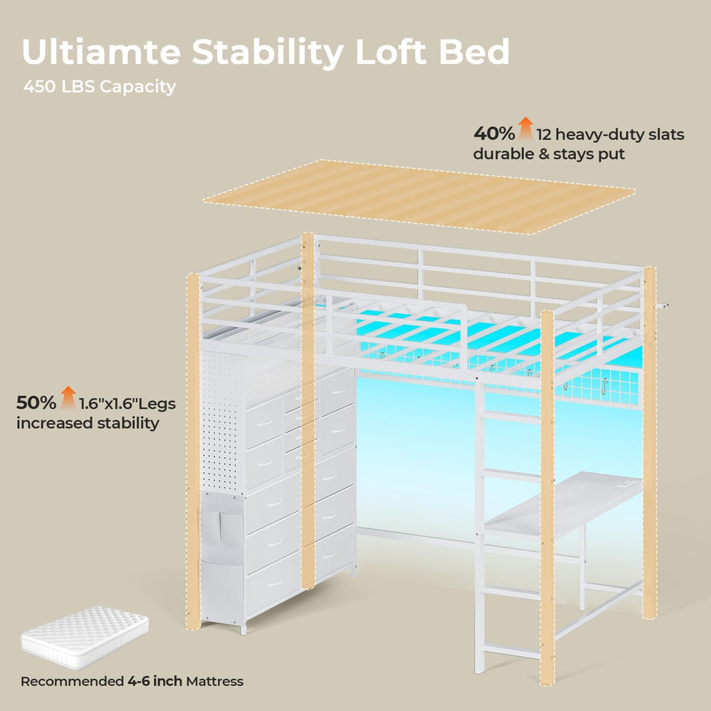 ADORNEVE Twin Loft Bed with Desk,14 Storage Drawers & Power Outlet, White