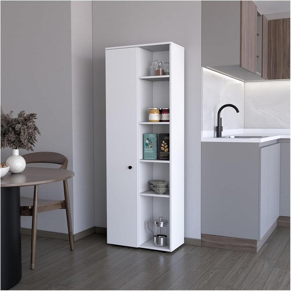 Multistorage Kitchen Pantry with 1 Door and 5 Open Shelves, White,for Kitchen