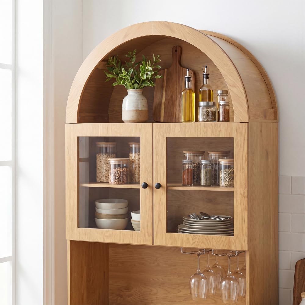 75" Farmhouse Tall Arched Pantry Cabinet with Charging Station, Adjustab...
