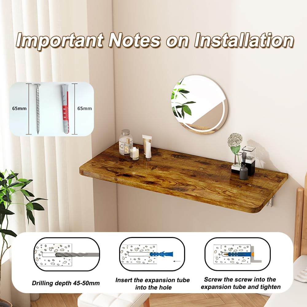 Rustic Wall Mounted Folding Table, Solid Wood Floating Desk with Stainless St...