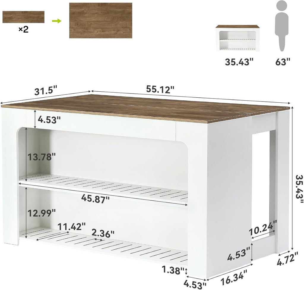 LITTLE TREE 55" Kitchen Island with Storage Shelves | 3-Tier Farmhouse Stationary Island Table with Extra Large Work Surface & Leg Room for Kitchen Dining Room (White and Brown)