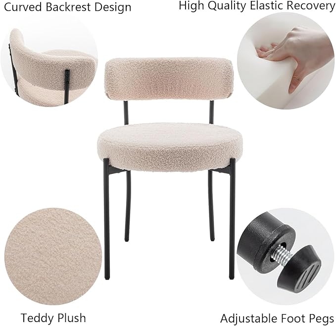Boucle Dining Chairs Set of 6, Upholstered Dining Room Chairs with Black Metal Legs, Modern Dining Chair for Dining Room, Kitchen (Beige)
