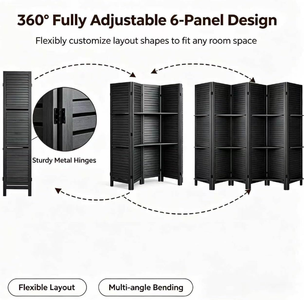 6 Panel Room Divider with Shelves,67" H Tall Folding Privacy Screen,Black