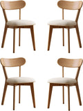 100% Solid Oak Dining Chairs, Mid Century Modern Dining Chair with Curved Backrest, Fabric Upholstered Dining Chairs for Kitchen, Study, Living Room (4, Original Wood-Pear White Cushion)