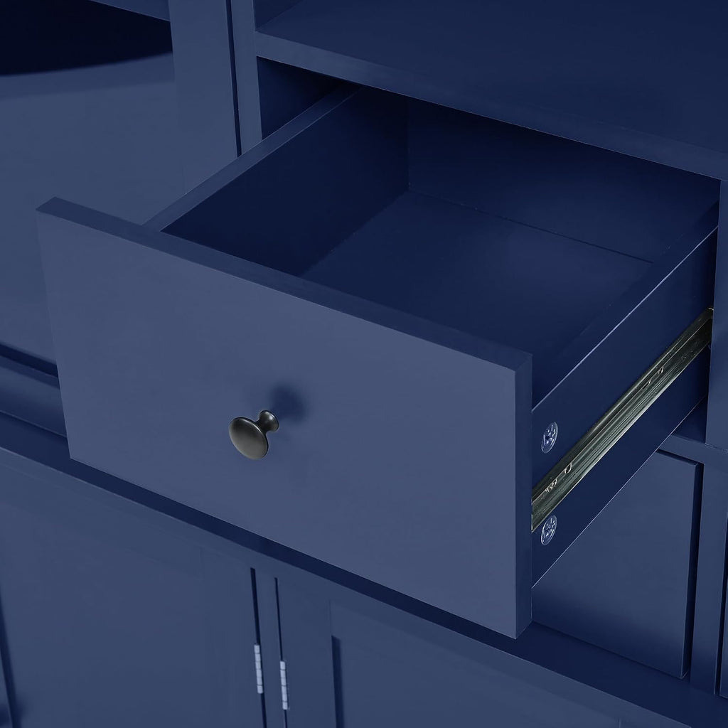Modern Freestanding Buffet with Hutch, Tall Kitchen Pantry Cabinet with 4 Drawers, Door Shelves and Pull-Out Trays,for Dining Room (Blue-Q)