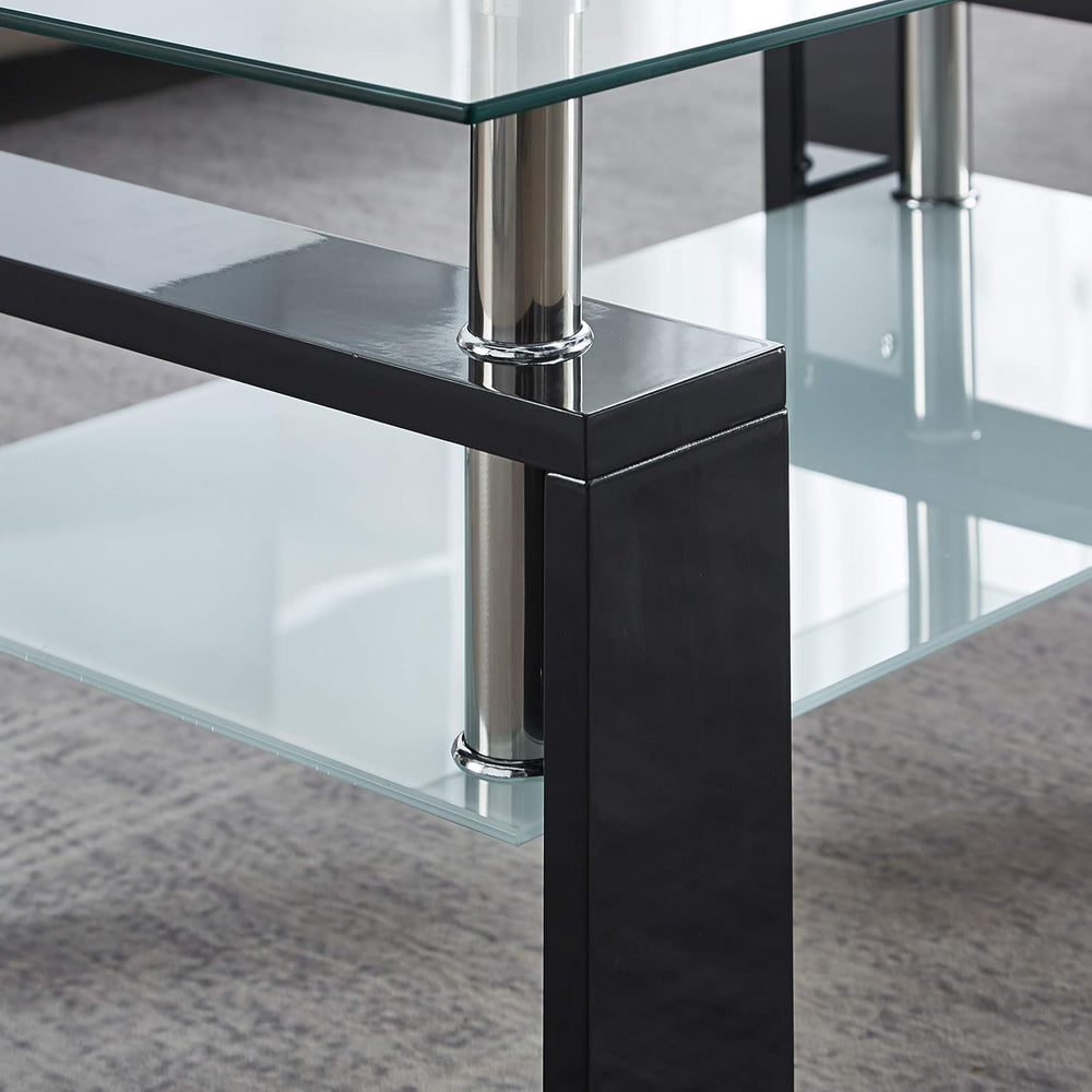 3 Piece Black Living Room Table Set, Rectangular Modern Glass Coffee Table an...