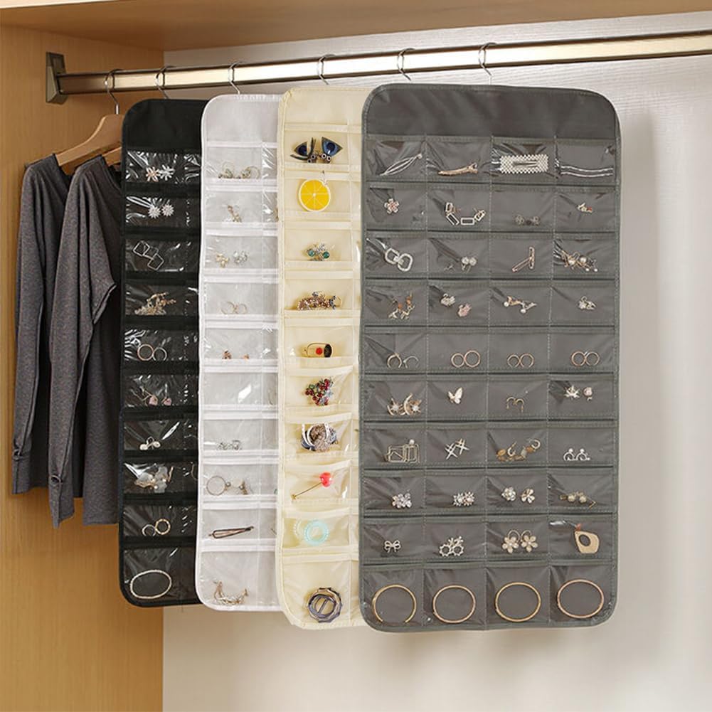 3PCS Hanging Jewelry Organizer with 80 Pocket Double-Sided Jewelry Holder Storage Wall Door Closet Accessories Organizer for Earrings, Necklaces, Rings (Grey)