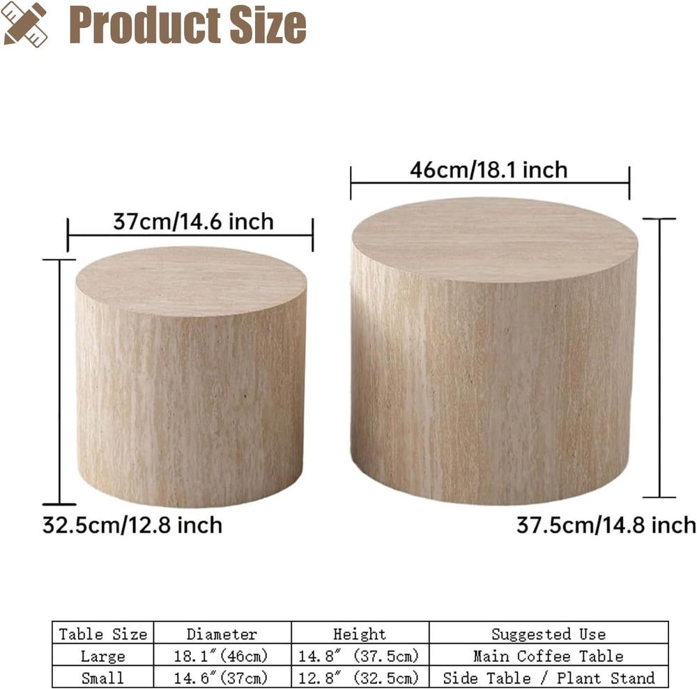 Nesting Coffee Table Set of 2 (C Travertine) | Modern Round Drum Coffee Table...
